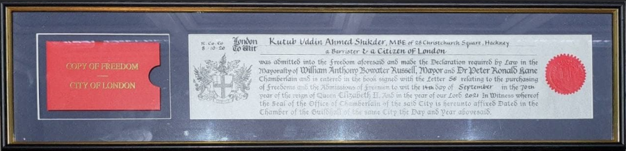 Barrister Kutubbin Ahmed Shikder receiving Freeman of London Award
